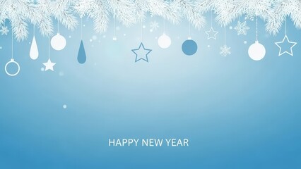 Happy New Year blue background with hanging ornaments