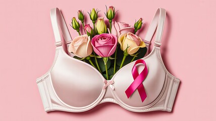 Breast cancer awareness bra with roses on pink background
