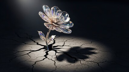 Plastic flower growing from cracked earth under spotlight, symbolizing environmental resilience.