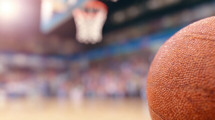 Basketball in indoor gym with focus on ball and distant hoop in background