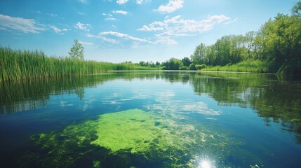 Fototapeta premium Calm water, green reeds, lush trees against a bright blue sky with scattered fluffy clouds