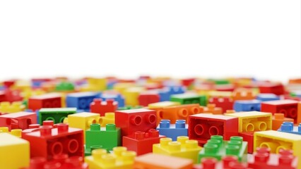 Colorful Plastic Building Blocks Scattered on a White Background.