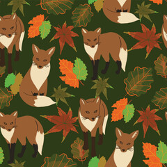 Autumn leaves and foxes seamless pattern design