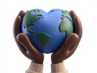 Planet Earth in heart shape in hands on white background