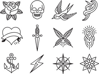Collection of twelve black outline tattoo style icons including rose skull bird heart dagger anchor lightning bolt compass