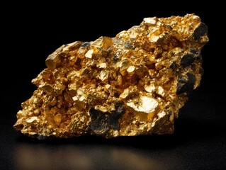 Gold shiny nugget on black background, golden ore