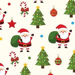 Festive Christmas Pattern with Santa, Trees, and Ornaments.