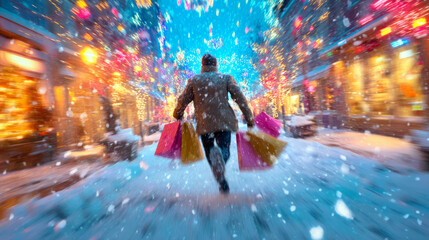 Naklejka premium man running through vibrant snowy city street with motion blur and shopping bags