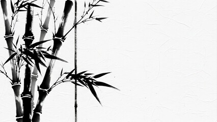 Minimalist Black and White Bamboo Stalks and Leaves on a Clean Background.