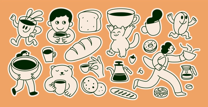 Vector logo and sticker design template, hand drawn doodle sketchy character and mascot, specialty coffee and cafe emblem, happy barista, latte, cappuccino, coffee cup mascot