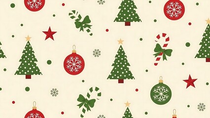 Festive Christmas Pattern with Trees, Ornaments, and Candy Canes.