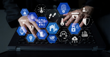 Home security icons show smart home, surveillance, and safety devices. Home security ensures...