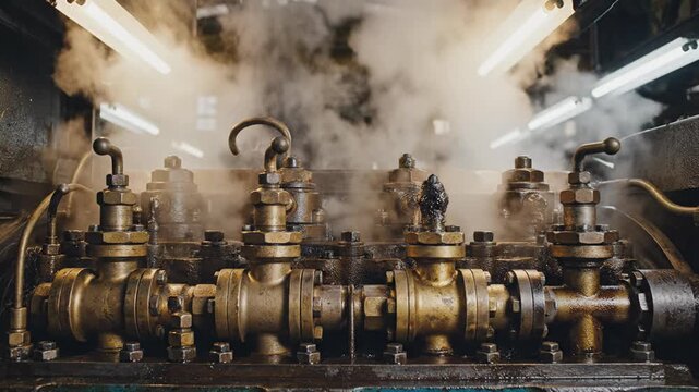 Overheated factory engine emits steam, highlighting brass and steel components under industrial lights.