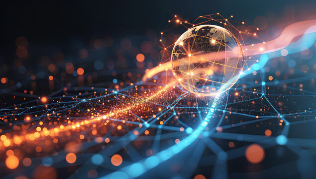 Abstract tech network data connections with orange, blue glowing dots, lines illustrating artificial intelligence neural network, machine learning, cloud computing concept and digital transformation