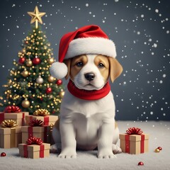 Cute Christmas Puppy Wearing Santa Hat with Holiday Gifts &ndash; Festive Dog Pet Portrait 