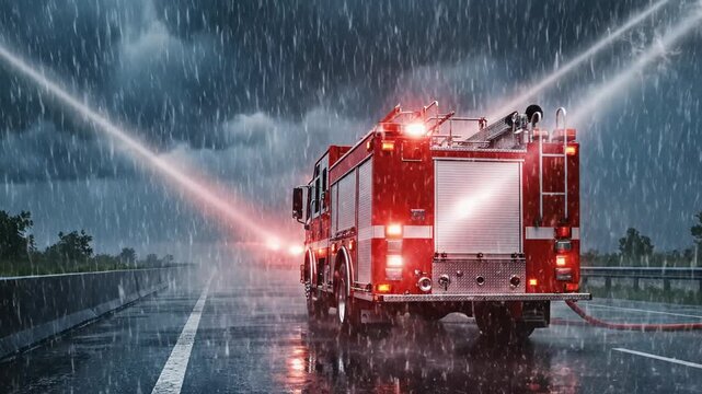 Rearview of emergency lights flashing on a parked fire truck, set against a dramatic stormy sky, highlighting contrast in a hyper-realistic 8K capture.