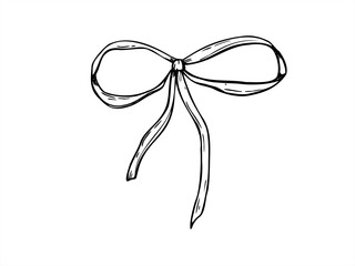 Decorative satin bow vector isolated illustration. Silk ribbon with tied knot line art black ink sketch. Simple classic element Linear draw for wedding stationery, fashion design, greeting cards