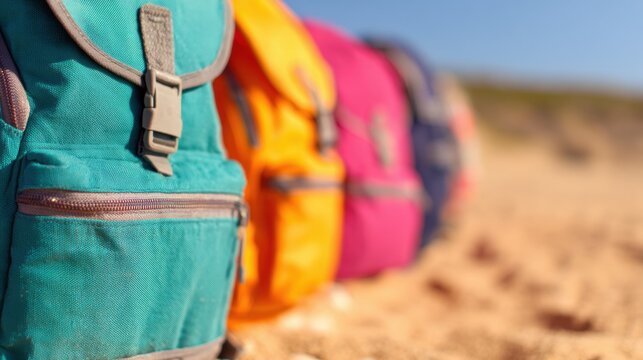 Bright backpacks lined up on the beach under the sun in summer - Powered by Adobe