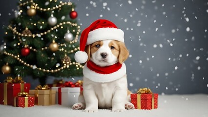 Cute Christmas Puppy Wearing Santa Hat with Holiday Gifts &ndash; Festive Dog Pet Portrait 