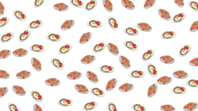 Plates of assorted meat and egg dishes presented on a white background. Perfect for food blogs, restaurant menus, and cooking websites.
