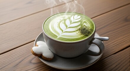 Freshly prepared matcha latte with elegant latte art served in a ceramic cup on a wooden table in natural light.