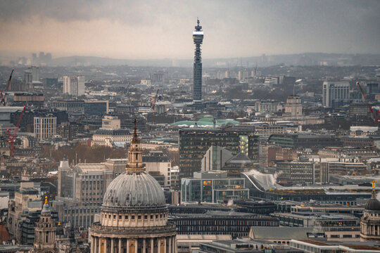 Marylebone, Bloomsbury, St Paul's Cathedral, Fitzrovia Urban Skyline Buildings, Aerial Cityscape View, British Telecom BT Tower London, England, United Kingdom