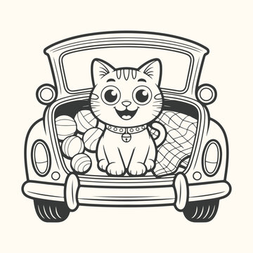 Cute Cartoon Cat Sitting In A Vintage Car With Yarn Balls cat, kitten, cute, cartoon