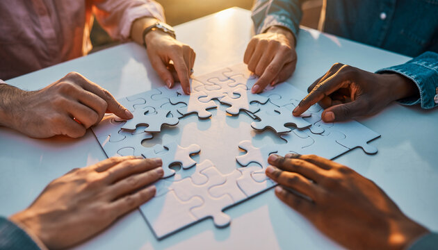Diverse team hands assembling white jigsaw puzzle together in warm sunset office light