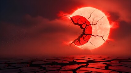 Cracked earth under dramatic red lunar eclipse