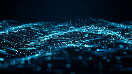 Abstract Digital Network Flow of Blue Lights and Particles on a Dark Background
