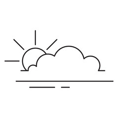 Sun partially rising behind a cloud, with ground lines. Represents early morning/late afternoon or partly cloudy day conditions. Simple and clean.