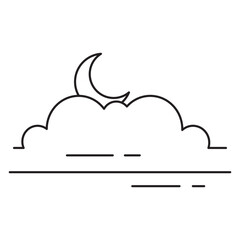Outline vector icon showing a crescent moon hidden behind a cloud, with stylized ground/water lines. Represents partly cloudy night, midnight, or late evening weather.