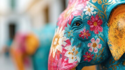 Colorful elephant statues decorate a street in a vibrant city setting