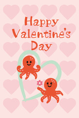 Happy valentine's day card design template with cute octopus couple.