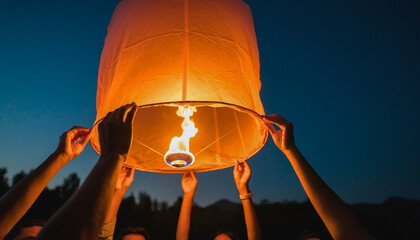 Obraz premium Hands holding glowing sky lantern at twilight symbolizing shared hopes wishes celebration and remembrance