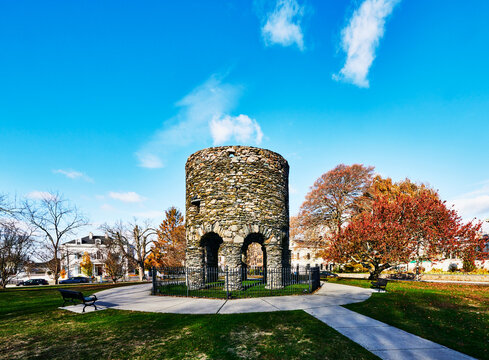 The Newport Tower, also known as the Old Stone Mill, built in the mid 17th century, located in Touro Park in Newport, Rhode Island, New England