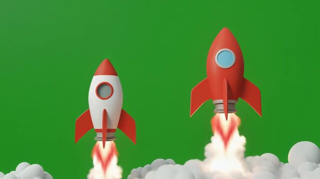 Two red rockets blasting off against green sky, cartoon-style with flames and smoke trails.