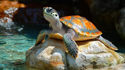 A sea turtle with a colorful shell rests on a rock in vibrant, clear blue water