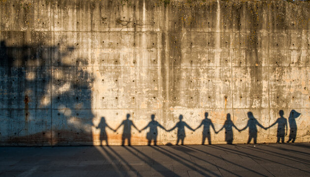 Shadows of people holding hands on sunlit wall symbolizing unity solidarity and collective support