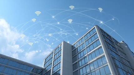 Modern office building with Wi-Fi symbols floating overhead, connected by arcs, under blue sky
