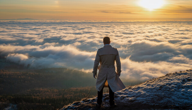 Man Standing On Mountain Ridge Overlooking Golden Sea Of Clouds At Sunrise - Powered by Adobe