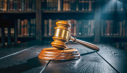Wooden Judge Gavel on Desk in Library Symbolizing Law and Civil Rights Justice
