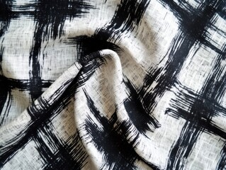 Textile with black and white crosshatch design creating abstract geometric effect on fabric