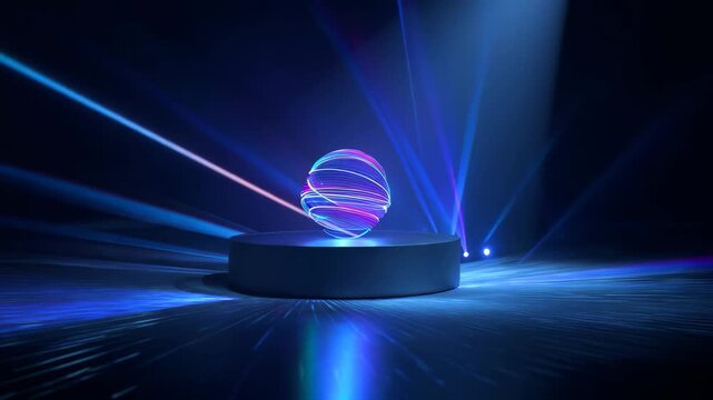 Medium shot capturing a dynamic 3D holographic logo spinning above a pedestal radiating vibrant light beams that enhance brand recognition in a modern setting.