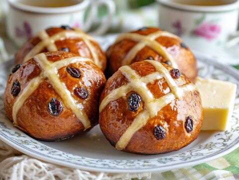 Traditional hot cross buns fresh from oven decorated with icing crosses on rustic wooden table - Powered by Adobe