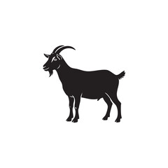 Goat silhouette vector illustration. Black farm animal shape isolated on white background. Domestic livestock icon with horns. Rural agriculture symbol.