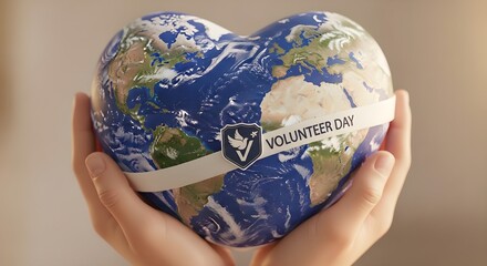Close-up of Human Hands Holding Heart Shaped Earth Globe with 'VOLUNTEER DAY' Band