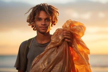 Young man holding a trash bag while cleaning up the beach at sunset, promoting environmental awareness and sustainability efforts
