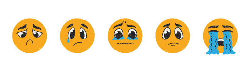 Colorful round face icons in crayon doodle style hand-drawn with pencil texture.