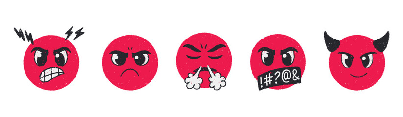 Crayon face icons in scribble doodle style hand-drawn with grunge texture.